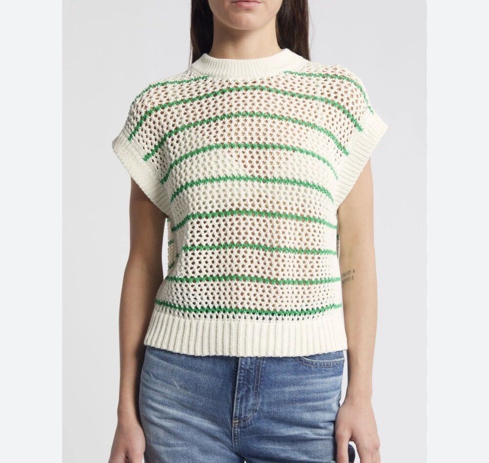 Madewell sleeveless sweater vest Medium White Green Striped Pointelle Cotton